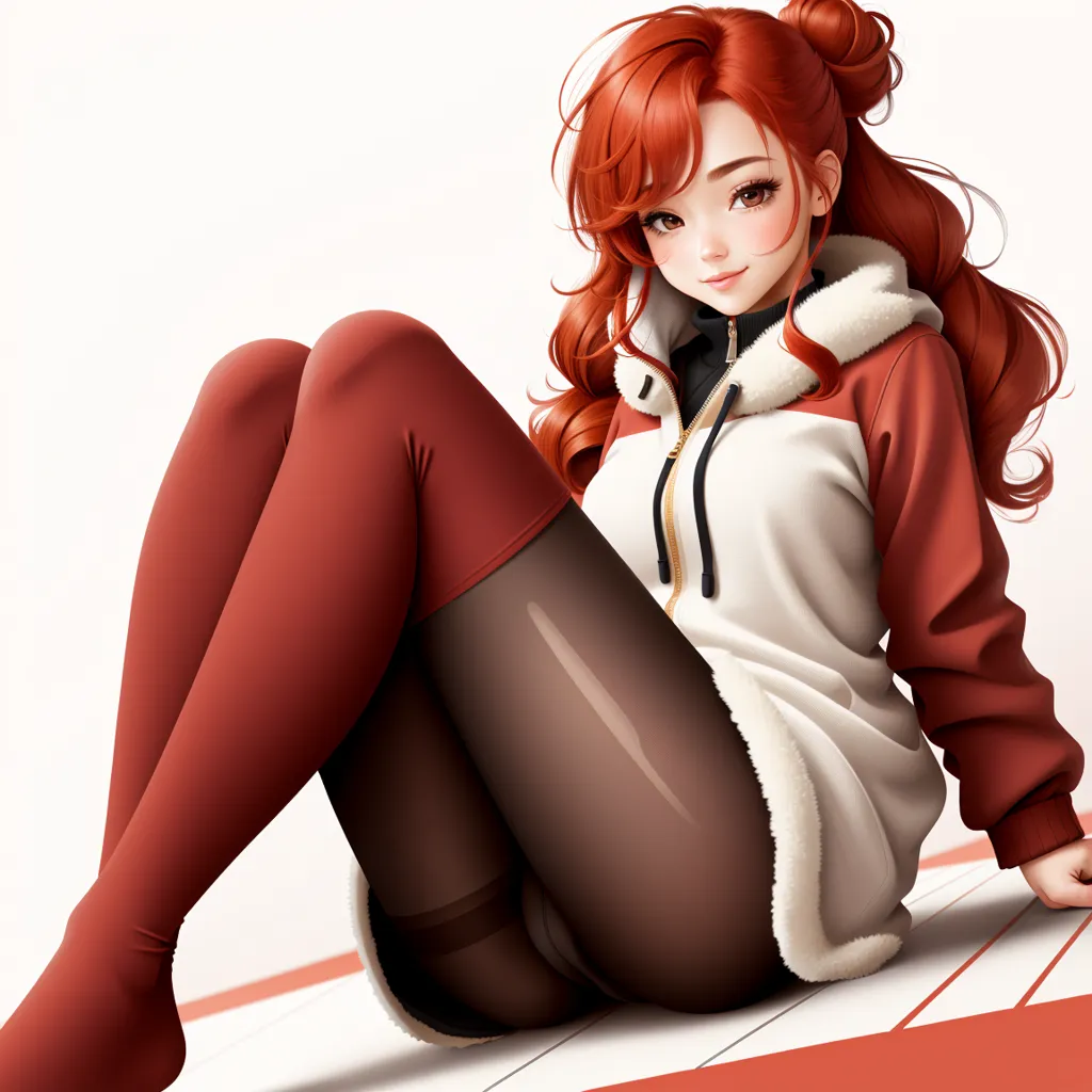 The image is of a young woman with long red hair and brown eyes. She is wearing a white and red hoodie with the hood down. The white part of the hoodie is trimmed with fur. She is also wearing matching red stockings and socks. She is sitting on a white and red surface with her legs crossed and her hands resting on her knee and thigh. She has a small smile on her face.