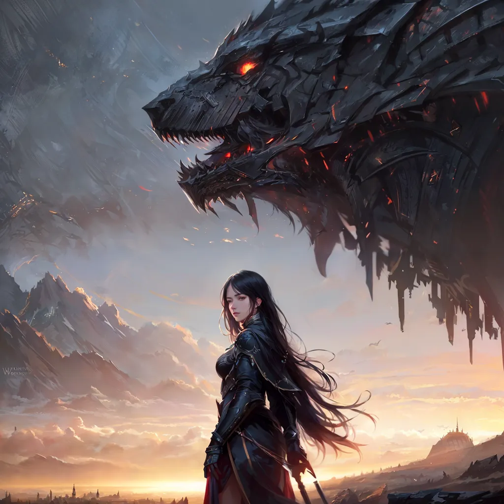 The image is of a woman standing in front of a large, black dragon. The woman is wearing black armor and has long, black hair. She is holding a sword in her right hand. The dragon has its mouth open and is showing sharp teeth. The background of the image is a mountain range, with a castle on top of one of the mountains. The sky is dark and there are clou