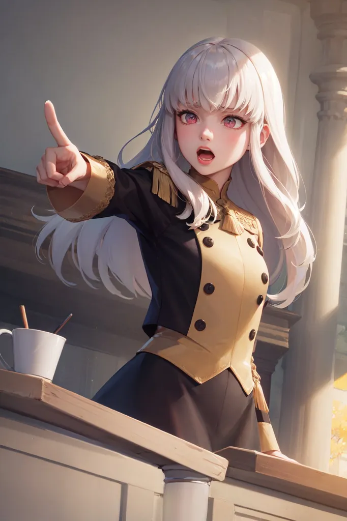 The image shows a young woman with long white hair and pink eyes. She is wearing a black military-style jacket with gold trim and a white cravat. She is standing in front of a wooden railing, and there is a teacup on the railing. She is pointing with her right hand and has her mouth open as if she is speaking.