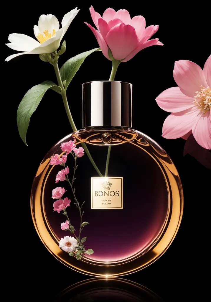 The image is a product shot of a perfume bottle. The bottle is round, made of glass, with a silver cap. It is decorated with a pattern of pink and white flowers. The bottle is sitting on a black surface. There are three flowers next to the bottle. Two of them are pink and one is white. The flowers have green stems and leaves. The background is black. The image is well-lit and the colors are vibrant. The overall effect is one of luxury and beauty.