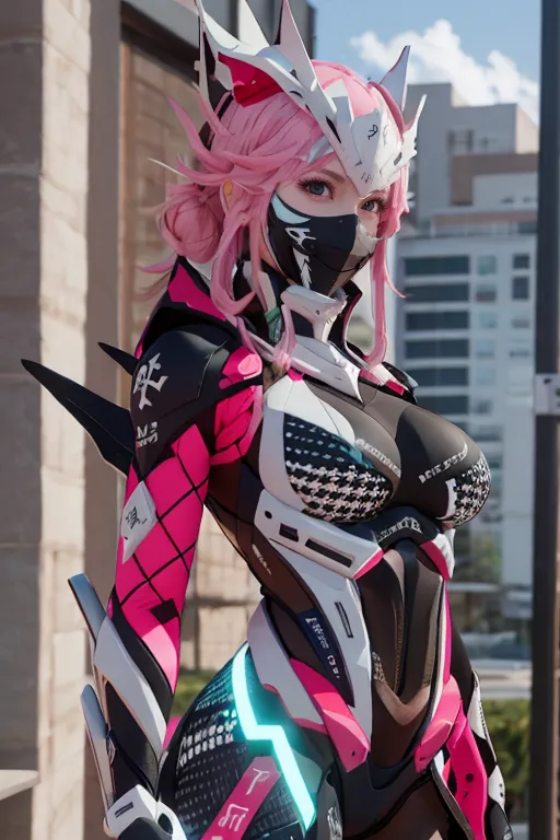 The image is of a young woman standing in a futuristic city. She is wearing a pink and black bodysuit with a mask over her mouth and nose. Her hair is pink and styled in a ponytail. She is also wearing a pair of black boots. The background of the image is a blurred cityscape with a building and a blue sky.