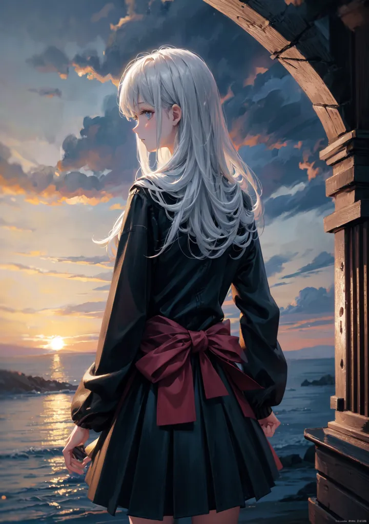 L'image est une peinture d'une jeune fille aux longs cheveux blancs debout sur une jetée, regardant l'océan. Le ciel est d'un gris orageux, avec des nuages sombres qui s'amoncellent. L'eau est d'un bleu profond, avec des vagues blanches qui s'écrasent sur la rive. La fille porte une robe noire avec un ruban rouge noué autour de la taille. Ses mains sont jointes devant elle, et sa tête est légèrement baissée. Elle a une expression triste sur le visage. La peinture est réalisée dans un style réaliste, avec des couleurs sourdes et un doux estompage.