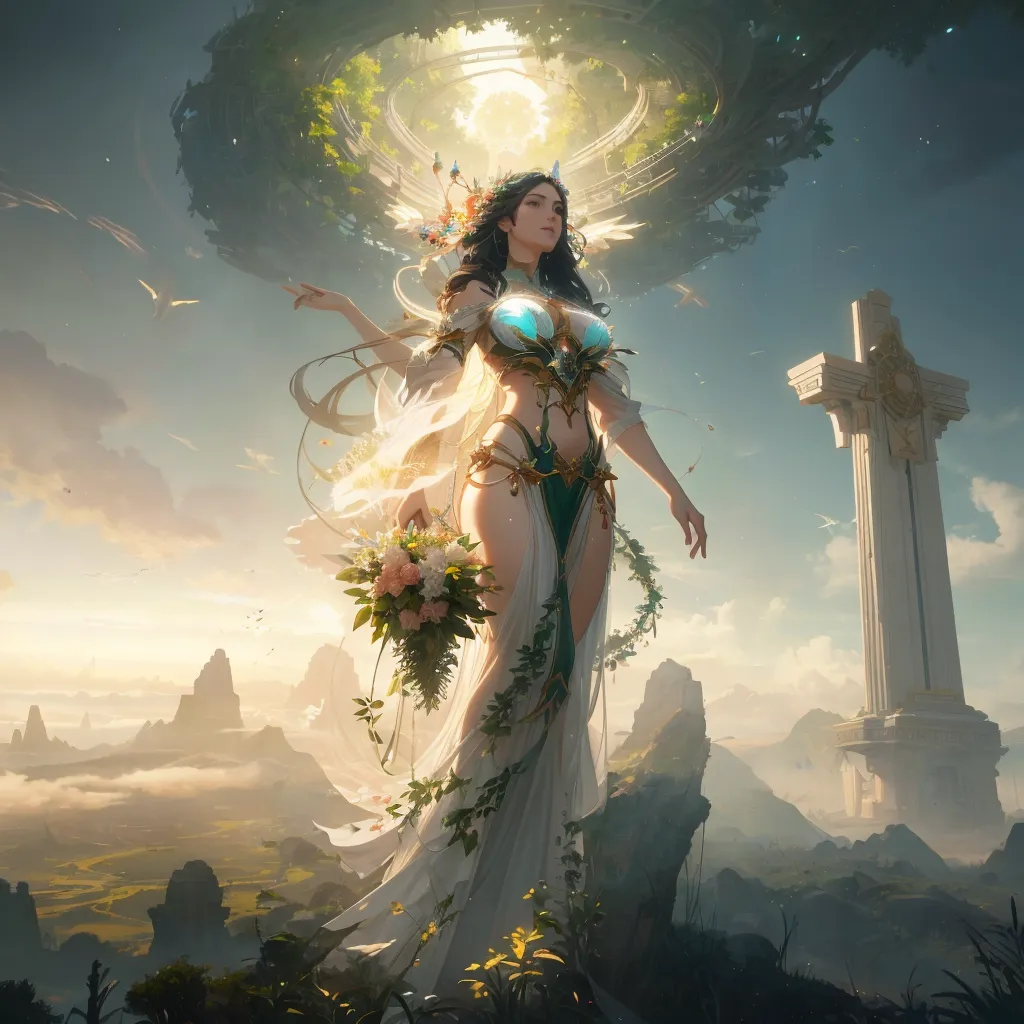 The image shows a tall, beautiful woman with long, flowing hair. She is wearing a white dress with a green sash and a golden belt. She is also wearing a necklace and a bracelet. The woman is standing in a forest, and she is surrounded by flowers and trees. There is a large, white column behind her, and there are mountains in the distance. The woman is looking at the viewer with a serene smile on her face.