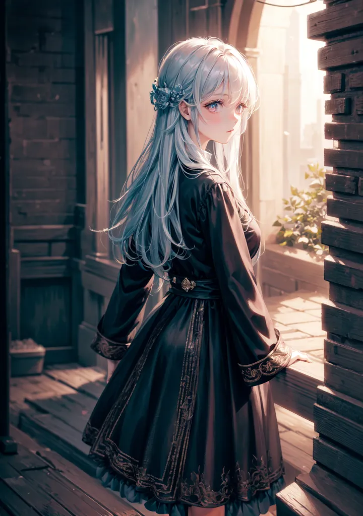 The image is a painting of a young woman with long, light blue hair and blue eyes. She is wearing a black dress with gold trim and a white apron. She is standing in a doorway, looking out at the viewer with a sad expression on her face. The background is a blur of brown and grey, suggesting that she is in a wooden house or building.