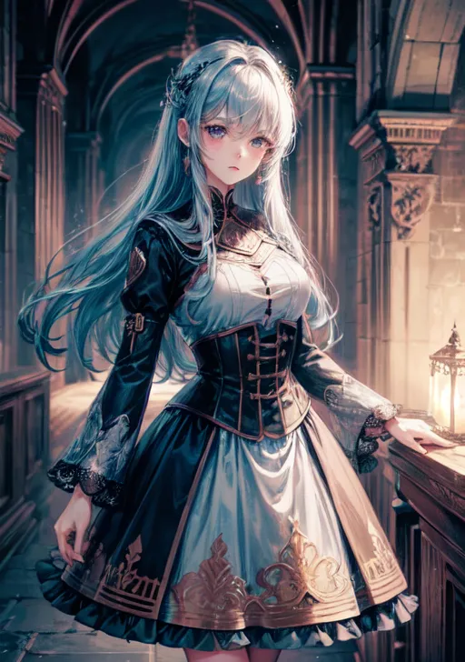 The image is of an anime girl with long, light blue hair and blue eyes. She is wearing a black and white dress with a corset and a white skirt. She is standing in a hallway with a lantern on the right. The background is blurry, but it looks like there are pillars and arches in the hallway. The girl is looking at the viewer with a slightly sad expression on her face.