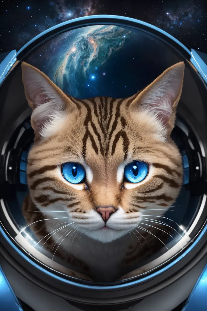 This is an image of a cat wearing a space helmet with a blue visor. The cat is looking at the camera with its big, blue eyes. It has brown fur with black stripes. The helmet is reflecting a starry night sky with a blue planet in the center. The cat's fur is very detailed and fluffy. The image is very realistic and seems like a photograph.