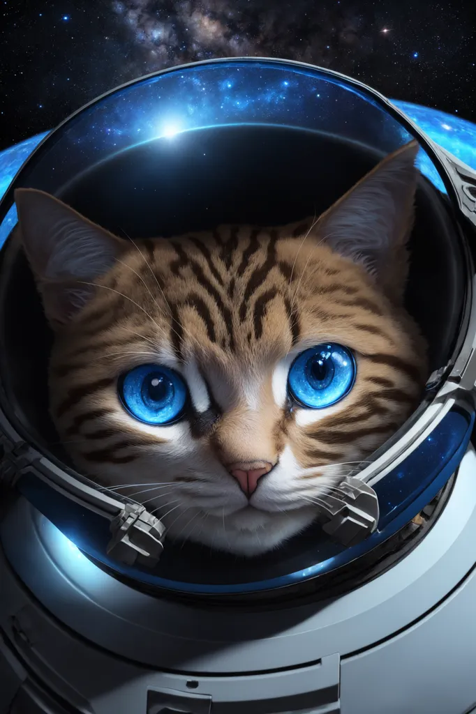 Bu, astronot kaskı giyen bir kedinin görüntüsüdür. Kedi, büyük, mavi gözleriyle kameraya bakıyor. Kask, yıldızları ve gezegenleri yansıtıyor. Kedi uzaydadır.