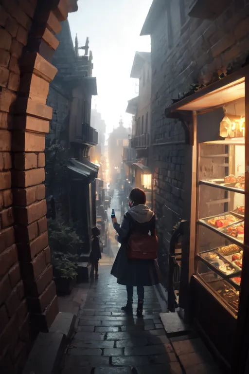 The image is a street scene in a European city. It is night time and the street is lit by gas lamps. The street is narrow and cobbled and lined with old buildings. There is a bakery on the right side of the street with a large window full of delicious pastries. A young woman is walking down the street. She is wearing a long black coat and a red scarf. She has a backpack on her shoulder and she is holding a smartphone. She is looking at the bakery window. There is a small child also walking down the street.