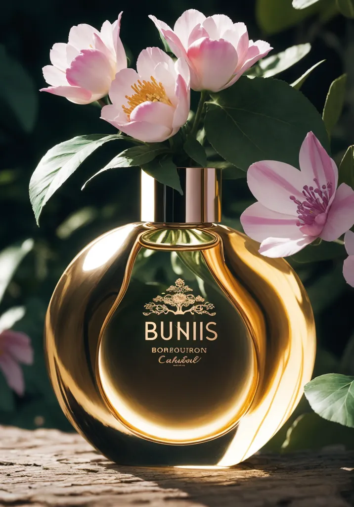 Gambar ini adalah rendering 3D dari botol parfum. Botol tersebut terbuat dari kaca dan memiliki tutup berwarna emas. Botol itu dihiasi dengan label emas dengan tulisan \