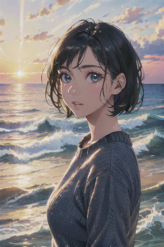 The image is a painting of a young woman standing on a beach. She has short brown hair and blue eyes. She is wearing a gray sweater. The sun is setting in the background, casting a warm glow over the scene. The waves are gently crashing on the shore. The woman is looking out at the ocean with a peaceful expression on her face.