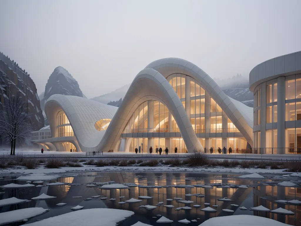 The image shows a modern building with a curved, white roof. The building is surrounded by snow and ice. There are mountains in the background.