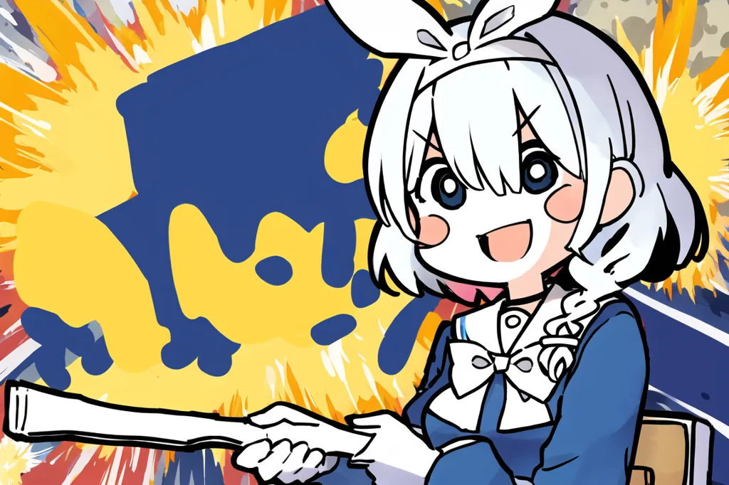 The image shows an anime girl with white hair and rabbit ears. She is wearing a blue and white sailor uniform. She has a big smile on her face and is holding a pen. In the background, there is a yellow explosion.