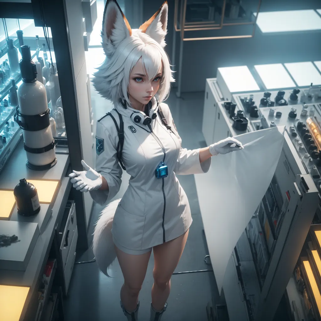 The image depicts a young woman with white hair and fox ears in a futuristic laboratory setting. She is wearing a white lab coat and gloves, and there are various scientific instruments and equipment visible in the background. The woman is holding a clipboard in her left hand and is looking at the camera with a serious expression.