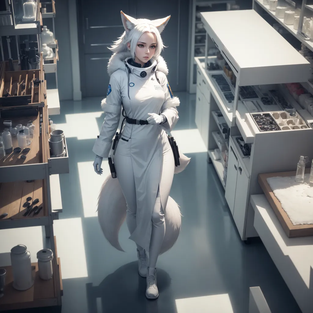 La imagen muestra un laboratorio futurista con una mujer joven vestida con un traje blanco similar a un traje espacial, con una cola y orejas similares a las de un zorro. La mujer tiene el cabello corto y blanco, y ojos verdes, y lleva un arma. El laboratorio está lleno de diversos equipos y suministros científicos.