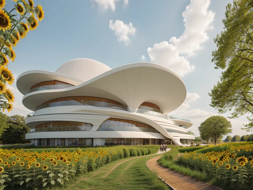 The image is a futuristic building with a large curved roof. The building is white and has a lot of glass windows. It is surrounded by a field of sunflowers. There are a few trees next to the building. The sky is blue and there are some clouds in the sky. The image is very bright and sunny.