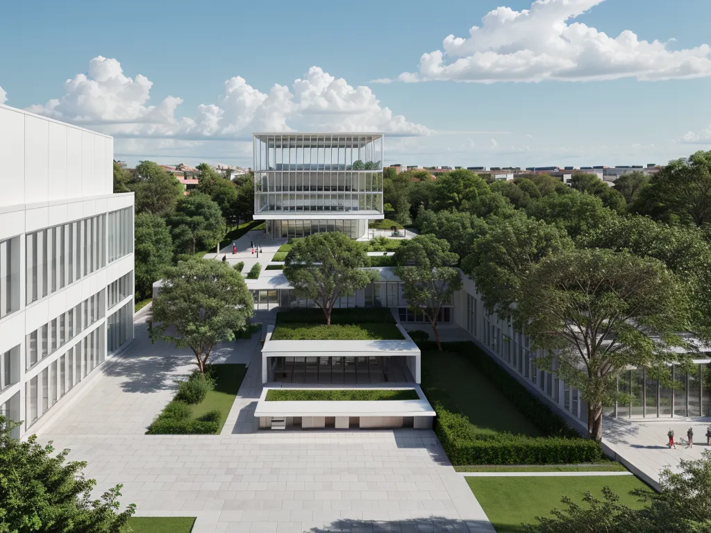 La imagen muestra un gran campus universitario moderno. Hay varios edificios, todos ellos hechos de vidrio y hormigón. Los edificios se organizan alrededor de un patio central. En el patio, hay árboles, jardines y esculturas. También hay personas caminando por el patio. El campus se encuentra en una zona suburbana. Hay árboles y casas en el fondo. El cielo es azul y hay algunas nubes en el cielo.