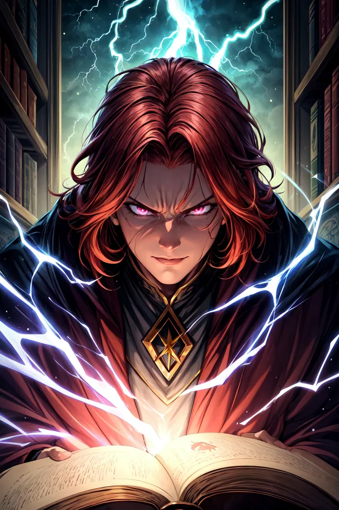 This is an image of a powerful sorcerer. He is wearing a red robe and has long red hair. His eyes are glowing purple, and he is surrounded by lightning bolts. He is standing in a library, and there are bookshelves all around him. He is looking at a book that is open in front of him.