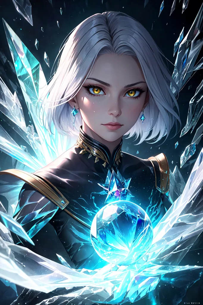 The image is a painting of a beautiful woman with short white hair and yellow eyes. She is wearing a black dress with gold trim and has a blue crystal in her hand. The background is dark with ice crystals floating around her.