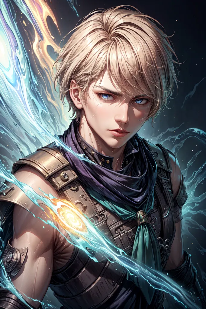 This is an image of a young man with blond hair and blue eyes. He appears to be a warrior or adventurer of some sort, as he is wearing a breastplate and has a sword at his side. He is also surrounded by magical energy, which suggests that he is a powerful mage. The background is a dark blue, with a bright light in the center. The man's expression is one of determination and focus, as if he is about to engage in battle.