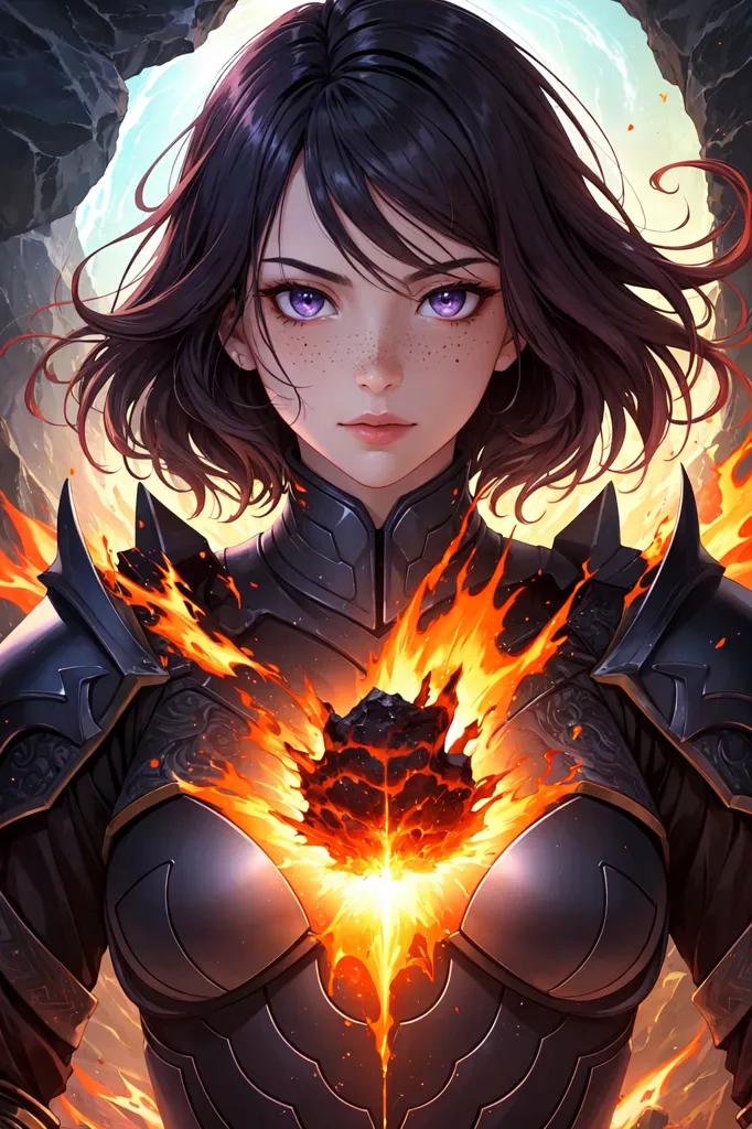 This is an image of a woman with dark hair and purple eyes. She is wearing a black and grey armor with a red and orange crystal embedded in the chest plate. She is standing in front of a grey rock wall with a bright light coming from the right.