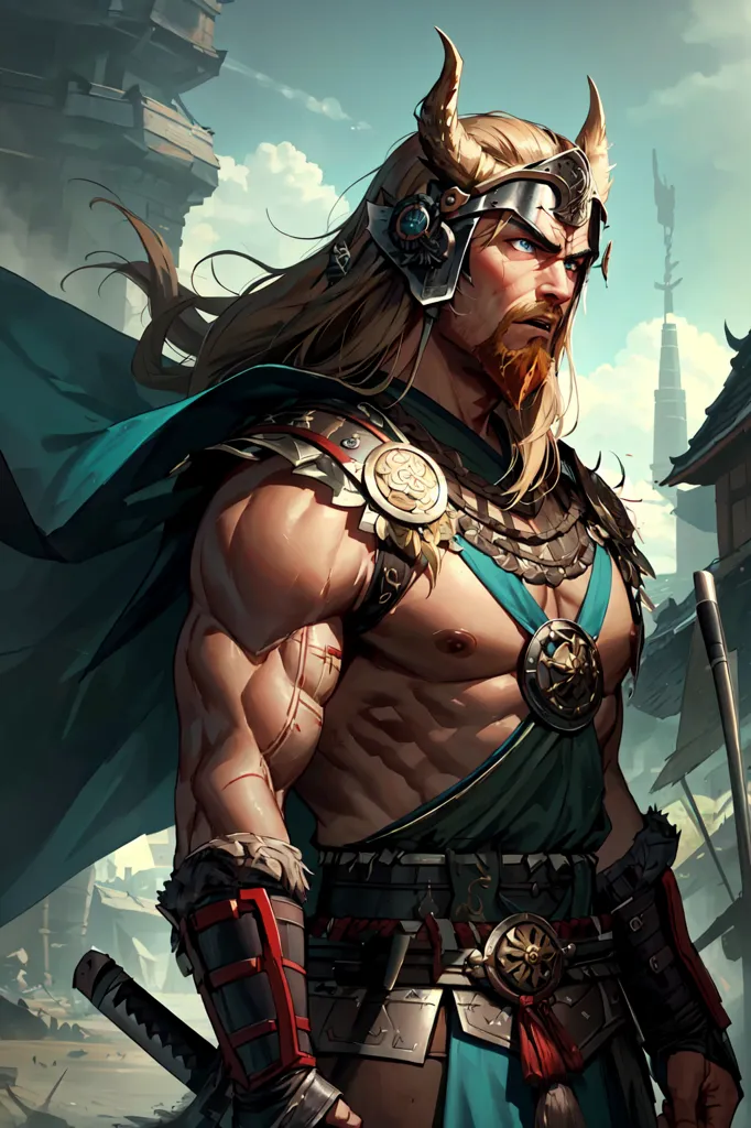 This is an image of a muscular, blonde-haired, blue-eyed male. He appears to be a warrior, as he is wearing a breastplate and a kilt, and is carrying a sword. He also has a number of scars on his body, suggesting that he has been in many battles. The background of the image is a ruined city, suggesting that the warrior has been fighting in a war.