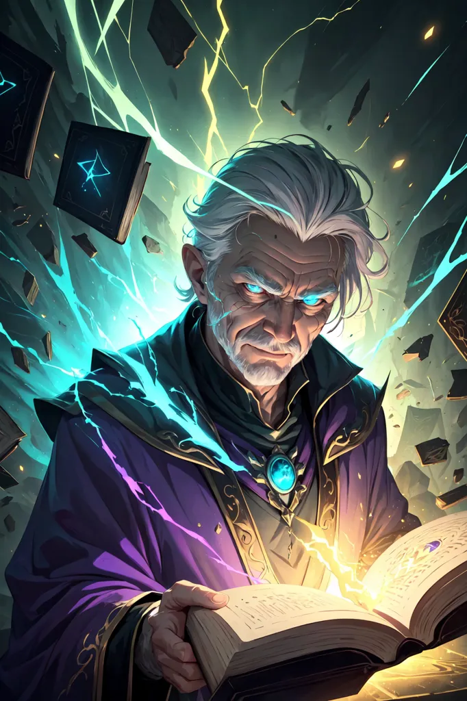 The image shows an old man with long white hair and a long white beard. He is wearing a purple robe with a white collar. He has a stern expression on his face and is looking at the viewer. He is holding an open book in his hands and there are bolts of lightning emanating from the book. There are also several books floating in the air around him. The background is dark and there are some glowing blue symbols in the background.