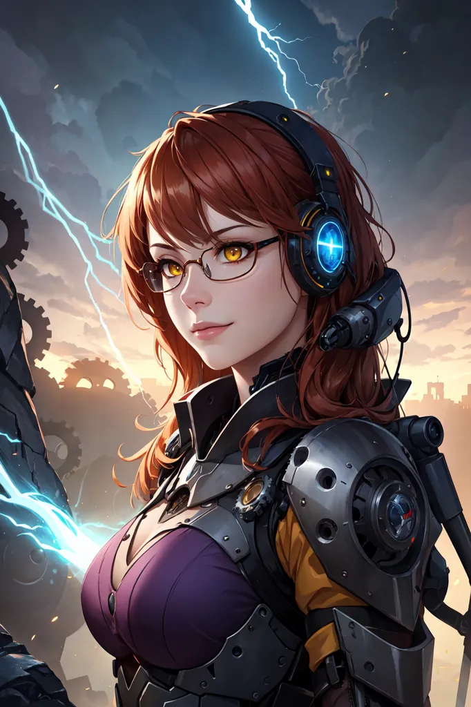 This is an image of a young woman who appears to be a cyborg. She has brown hair, yellow eyes, and is wearing glasses. She is wearing a purple and yellow outfit and has a lot of mechanical parts on her body. She is also wearing a headset. She is standing in front of a dark background with lightning in the sky.