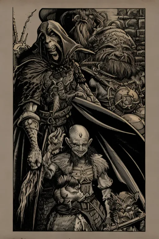 The image is in black and white. It shows a group of characters that appear to be from a fantasy setting. There are four characters in the group. The character on the left is a tall, thin man with a long beard. He is wearing a dark cloak and a hat. He has a sinister expression on his face. The character in the middle is a shorter, stockier man with a bald head and a large nose. He is wearing a simple tunic and pants. He has a worried expression on his face. The character on the right is a small, furry creature with a long tail. It is wearing a loincloth and has a mischievous expression on its face. The character in the background is a large, muscular man with a beard and a helmet. He is wearing a suit of armor and has a stern expression on his face.