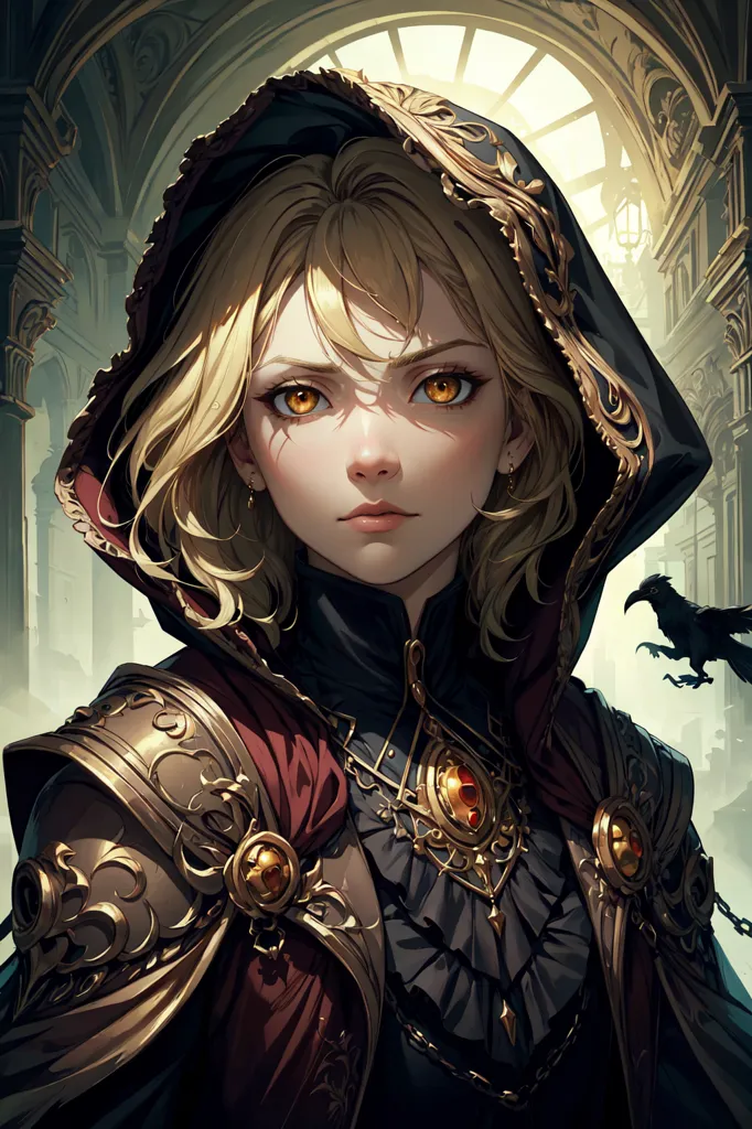 This is an image of a young woman with long blonde hair and yellow eyes. She is wearing a black and red outfit with gold trim and a hood. The woman is standing in a dark room with a stone floor and arched windows. There is a raven on her right shoulder.