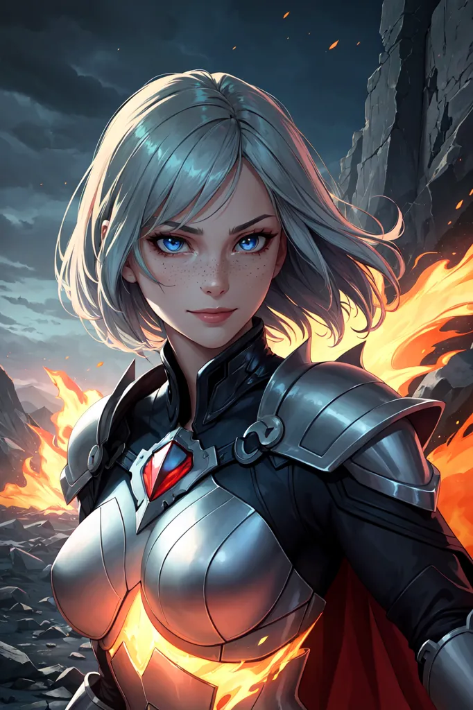 This is an image of a female knight. She has short white hair and blue eyes. She is wearing a silver breastplate with a red gem in the center. She is also wearing a red cape. There are flames coming from her shoulders. She is standing in front of a dark background with a rock wall to her right.