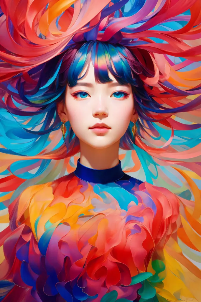 Esta imagem é uma representação de uma jovem mulher com cabelos e olhos azuis. Ela está usando uma roupa colorida com um colarinho alto. O fundo é uma massa de cores brilhantes em turbilhão. A expressão da mulher é de calma serenidade.