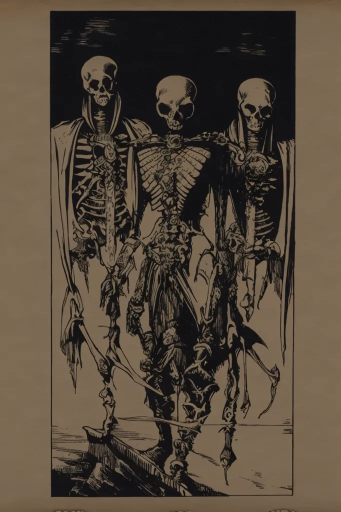 The image is of three skeletons in black cloaks with tattered edges. The skeletons are standing in a row, with the one in the middle being slightly taller than the other two. The skeletons are all looking in the same direction. The background is a dark color, with a few light-colored lines in the background. The image is drawn in a realistic style, and the skeletons are all depicted in great detail.