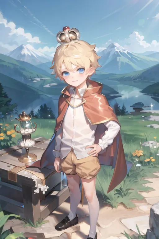 The image shows a young boy with blond hair and blue eyes. He is wearing a white shirt, brown shorts, and a red cape with a gold crown on his head. He is standing in a field of flowers with a lake and mountains in the background. There is a small table next to him with a golden goblet on it. The boy has a confident smile on his face.