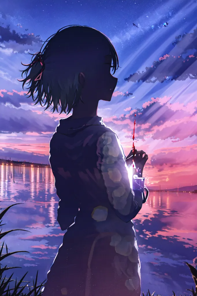 この画像は、夕暮れ時の桟橋に立つ少女を描いたものです。彼女は白いドレスを着ており、髪はポニーテールにまとめられています。彼女は指先の血の滴りを見つめています。背景には、沈む夕日と遠くの街並みが広がる紫色の空が広がっています。