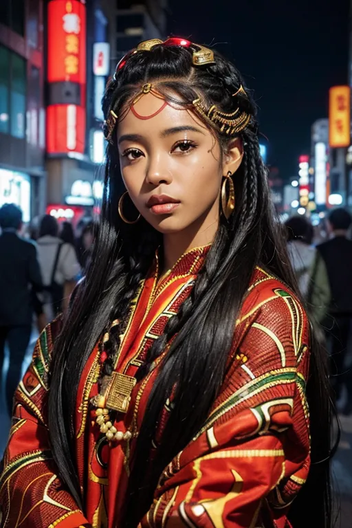 This is a picture of a young woman, probably in her late teens or early twenties. She has long black hair, dark brown eyes, and a light skin tone. She is wearing a red and gold patterned kimono with a white obi, and has a number of gold accessories including a necklace, earrings, and a headpiece. She is standing in front of a blurred background of a busy street at night.