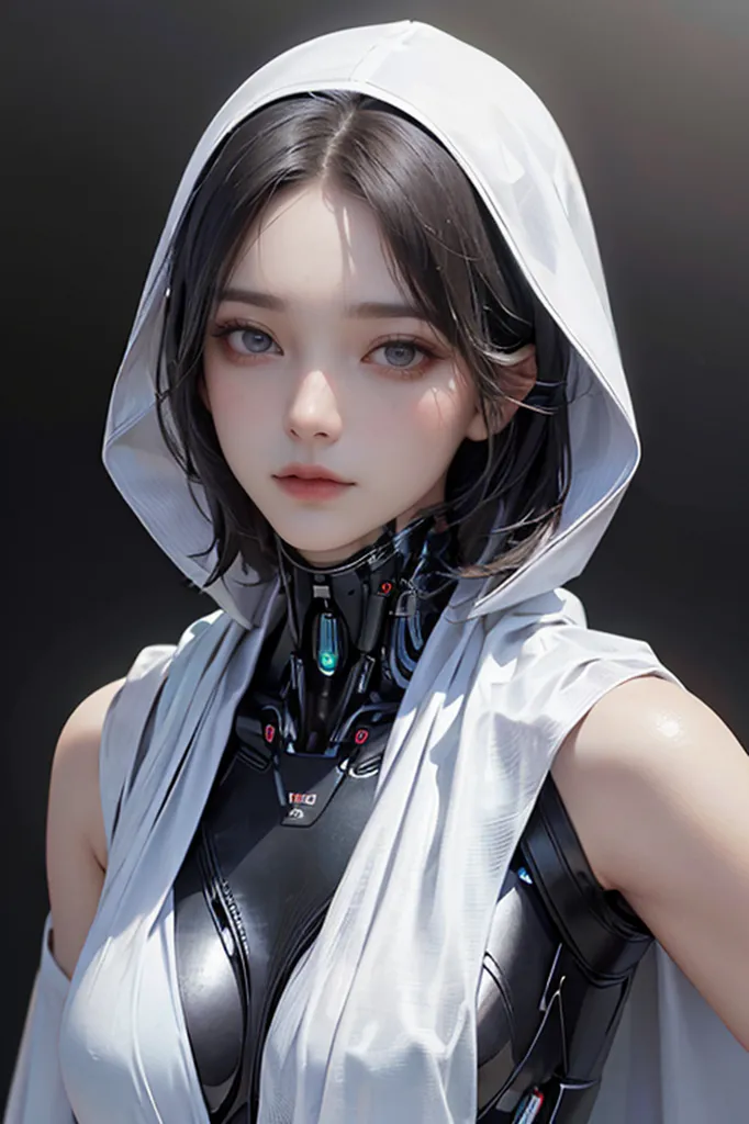 The image is a portrait of a young woman with short black hair and gray eyes. She is wearing a white hood and a black bodysuit with a white collar. The bodysuit has a futuristic design and there is a blue light on her neck. The background is a dark gray.