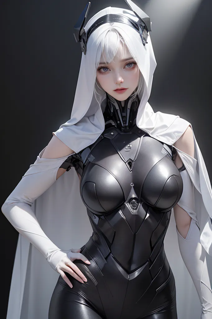 This is an image of a woman wearing a black and white bodysuit. The bodysuit has a high collar and a hood. The woman has white hair and blue eyes. She is also wearing a pair of white gloves. The woman is standing in a dark room. There is a bright light shining on her from the right side of the image.