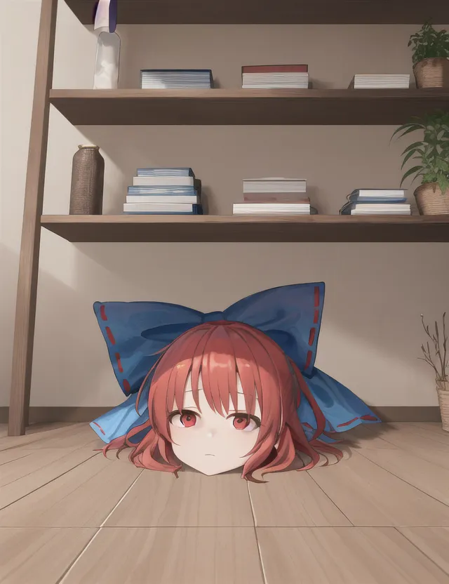 The image shows a anime-style girl with red hair and a blue bow on her head. She is lying face down on the floor with her head resting on her arms. There is a shelf with books and other objects behind her. The girl is wearing a white shirt and a blue skirt. She has red eyes and her hair is long and flowing. The image is drawn in a realistic style and the colors are vibrant and bright.