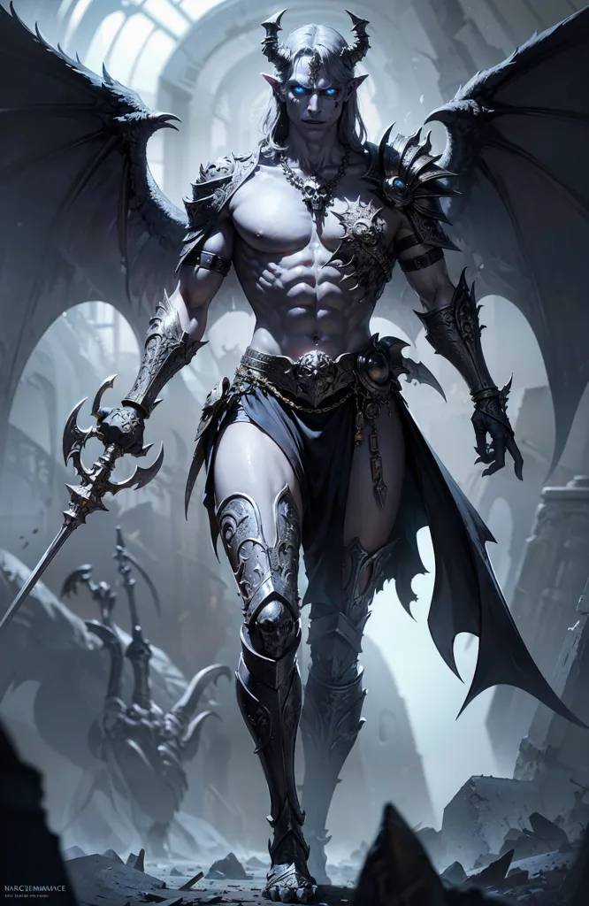 The image is of a muscular, pale-skinned demon with black horns, wings, and a tail. He is wearing a black loincloth and a pair of metal boots. His body is adorned with various pieces of jewelry, including a necklace, a bracelet, and a pair of earrings. He is also carrying a sword in his right hand. The demon is standing in a dark, ruined city. The ground is littered with rubble and the walls of the buildings are cracked and broken. The sky is dark and cloudy.