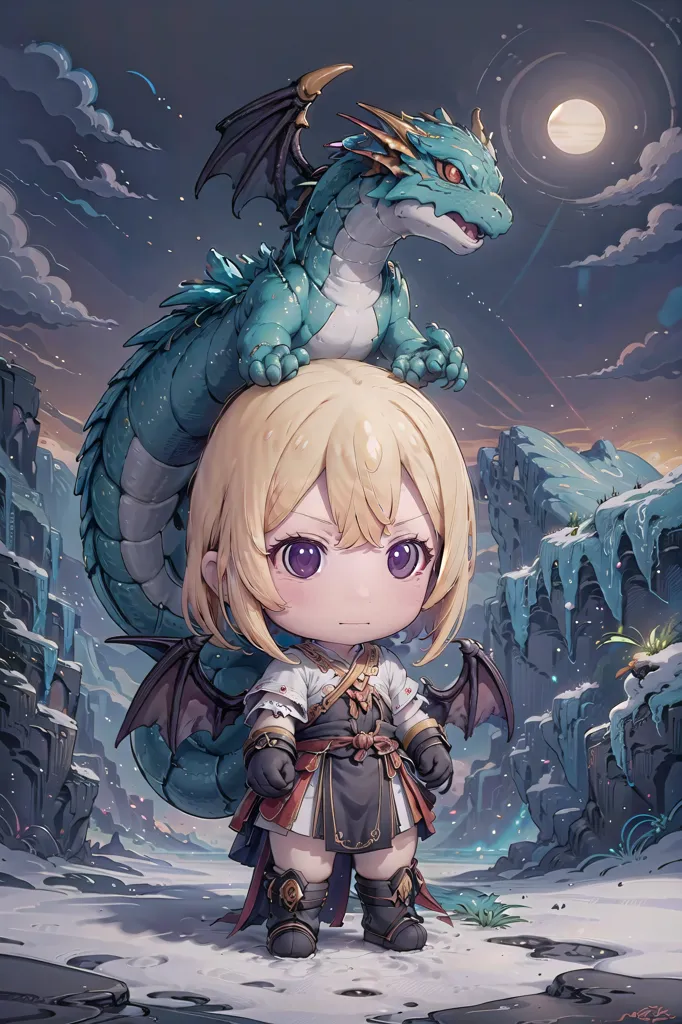 The image is of a chibi girl with blonde hair and purple eyes. She is wearing a white and red outfit with a black cape. She has a small blue dragon perched on her head. The dragon has green wings and a long tail. The girl is standing in a snowy landscape with a large mountain in the background. The moon is shining in the sky.