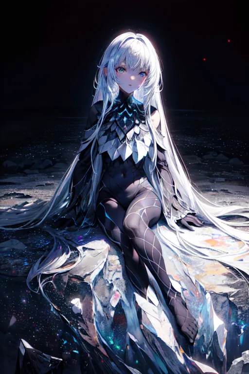 The image is of a beautiful anime girl with long white hair and blue eyes. She is wearing a black and white bodysuit with a high collar and a long skirt with a slit. She is sitting on a rock in a dark, icy landscape. The rock is covered in snow and ice, and there are large, sharp crystals sticking out of it. The girl is looking at the viewer with a serious expression.