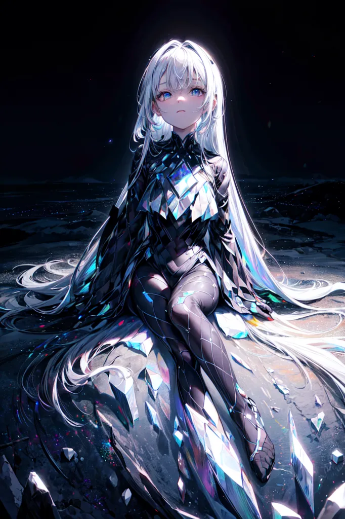 L'image représente une jeune fille de style anime aux longs cheveux blancs et aux yeux bleus. Elle porte une combinaison noire et bleue avec un motif cristallin. Elle est assise sur un rocher dans un vide sombre et étoilé. Le rocher est recouvert de cristaux tranchants. L'expression de la jeune fille est celle de la tristesse et de la solitude.