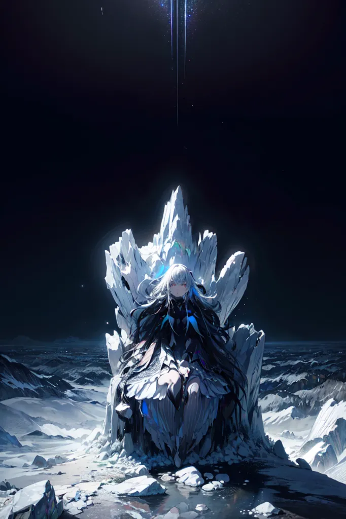 The image is a dark and icy landscape. There is a figure sitting on a throne made of ice. The figure has long white hair and is wearing a white dress. The figure's eyes are closed and there is a look of serenity on its face. The background is a dark sky with a few stars. There is a mountain range in the distance. The image is very detailed and the colors are vibrant. The figure on the throne is likely a queen or other type of royalty. The ice and snow suggest that the kingdom is in a cold climate. The dark sky and mountains add to the sense of mystery and danger.