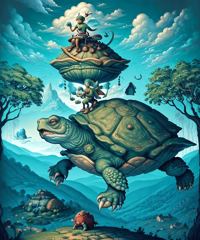 A green and yellow turtle is lumbering through a green landscape. It has a large brown shell and a long neck. On its back are two small human-like creatures. The first is wearing a green hat and playing a flute, while the second is wearing a red hat and holding a staff. The turtle is surrounded by blue mountains and white clouds. In the foreground, there is a small red turtle watching the larger turtle.