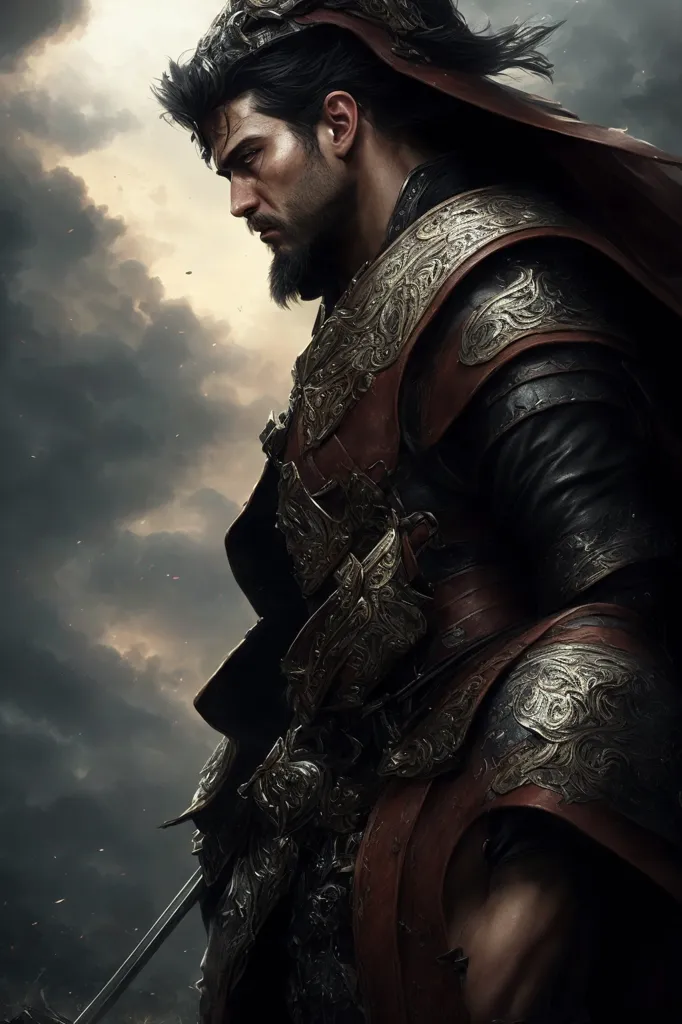 The image shows a man with dark hair and a beard, wearing a red and gold ornate armor. He is looking to the left of the frame, his face is stern. He is holding a sword in his right hand. The background is dark and cloudy.