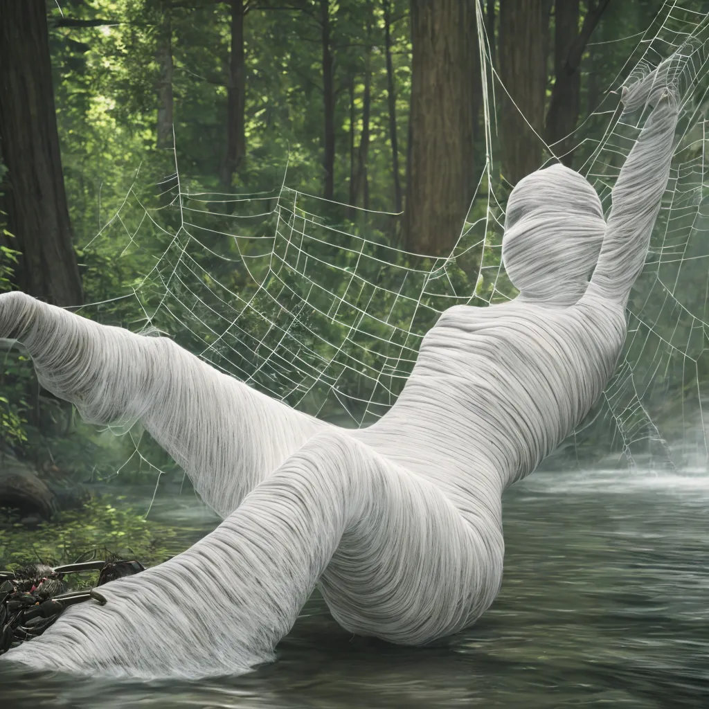 The image is a photograph of a sculpture of a woman lying in a river. The woman is wrapped in a white cloth and is surrounded by a spider's web. The sculpture is in a forest and is surrounded by trees. The water in the river is murky and green.