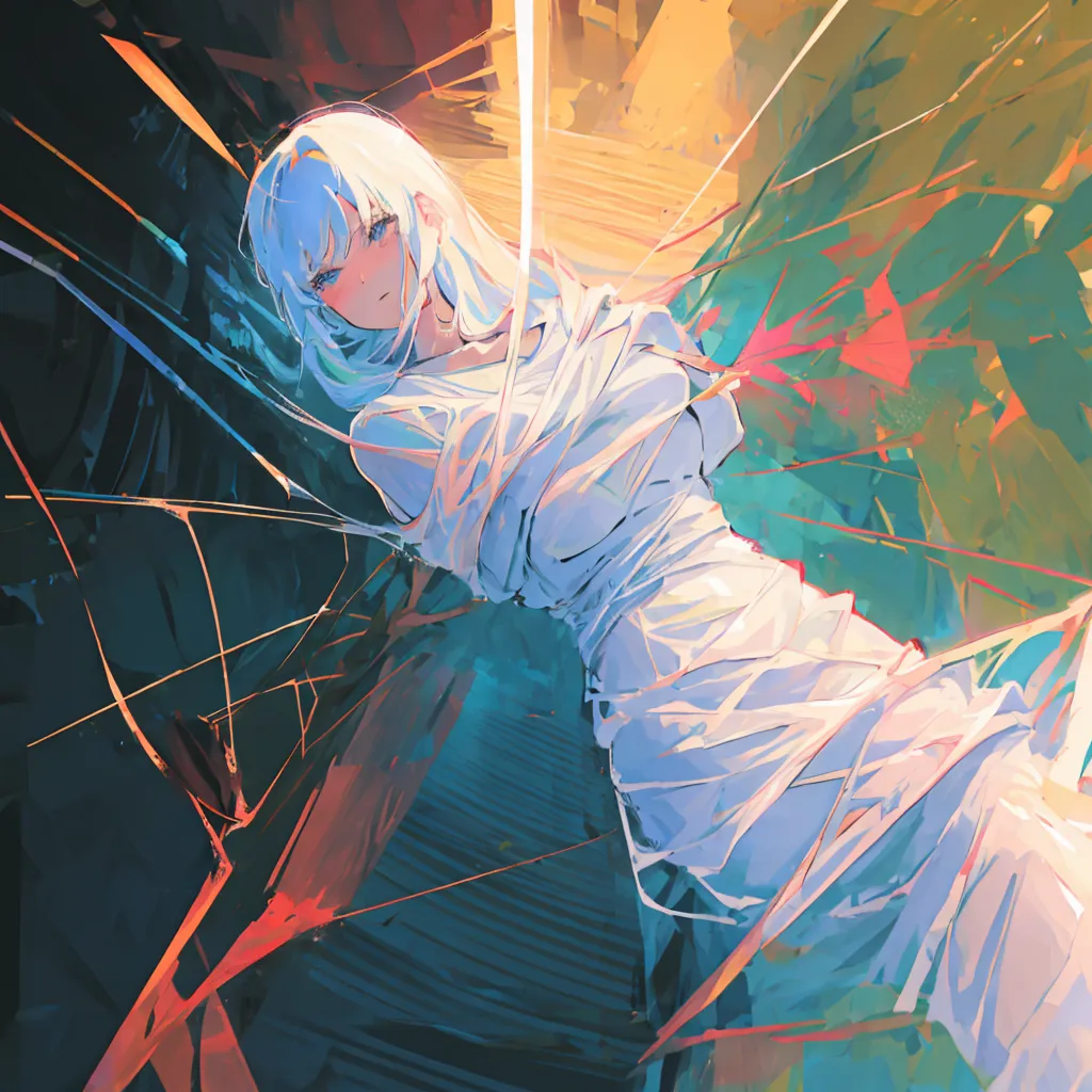 This is an image of a woman lying on her side. She has long white hair and blue eyes. She is wearing a white dress that is wrapped around her body. She is also wrapped in a spider web. The background is a blur of color.