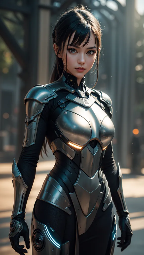 L'image montre une jeune femme debout dans un décor futuriste. Elle porte une combinaison noire et argent avec une cuirasse métallique. La combinaison a des reflets bleus et jaunes. Elle a une coiffure en queue de cheval et ses yeux sont bleus. Elle porte également une paire de gants futuristes.