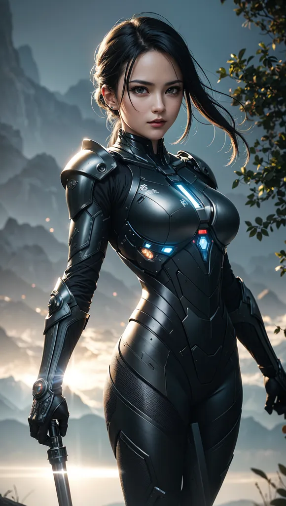 The image is a digital painting of a young woman standing in a futuristic landscape. She is wearing a black and gray bodysuit with a high collar and a blue light on her chest. She is also wearing a pair of black boots and a pair of black gloves. Her long black hair is flowing in the wind. She is standing in front of a large tree with green leaves. In the background, there are mountains and a blue sky.