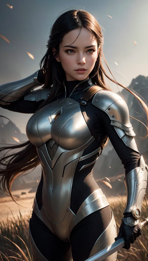 The image shows a beautiful young woman standing in a field. She is wearing a futuristic suit of armor that is silver and black. The armor has a V-shaped opening at the neck and a high collar. The woman's long brown hair is flowing in the wind and she has a determined expression on her face. She is holding a sword in her right hand. The background of the image is a blur of mountains and sky.